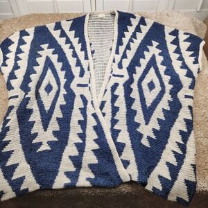 Lizard Thicket Listicle Blue‎ White Geometric Open Front Kimono Cardigan M L NWT